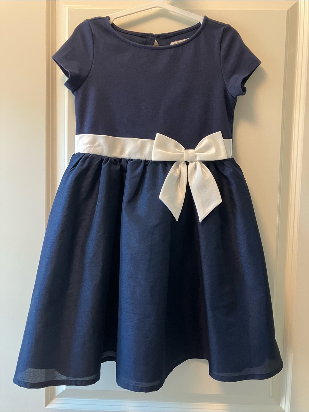 Navy Party Dress with White Bow for Girls